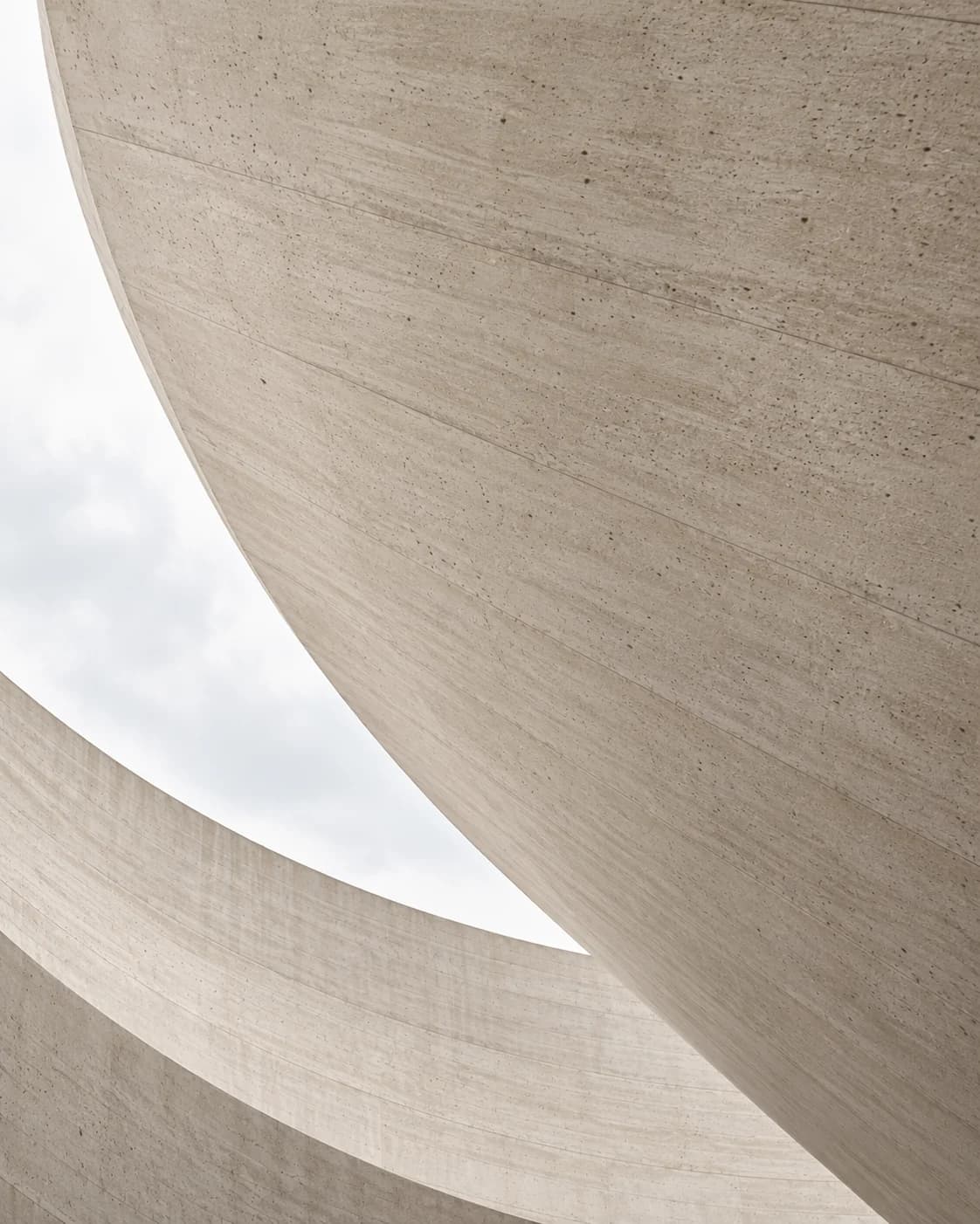 Abstract view of curved concrete soffits layered against the light.