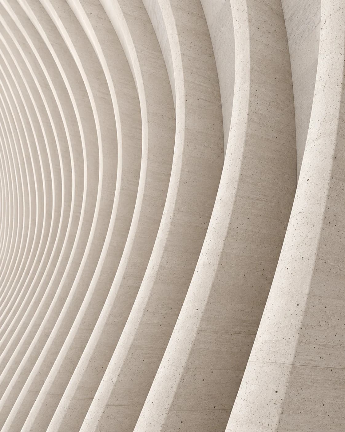 Abstract view of a run of curved concrete fins compressed into rhythm by the angle.