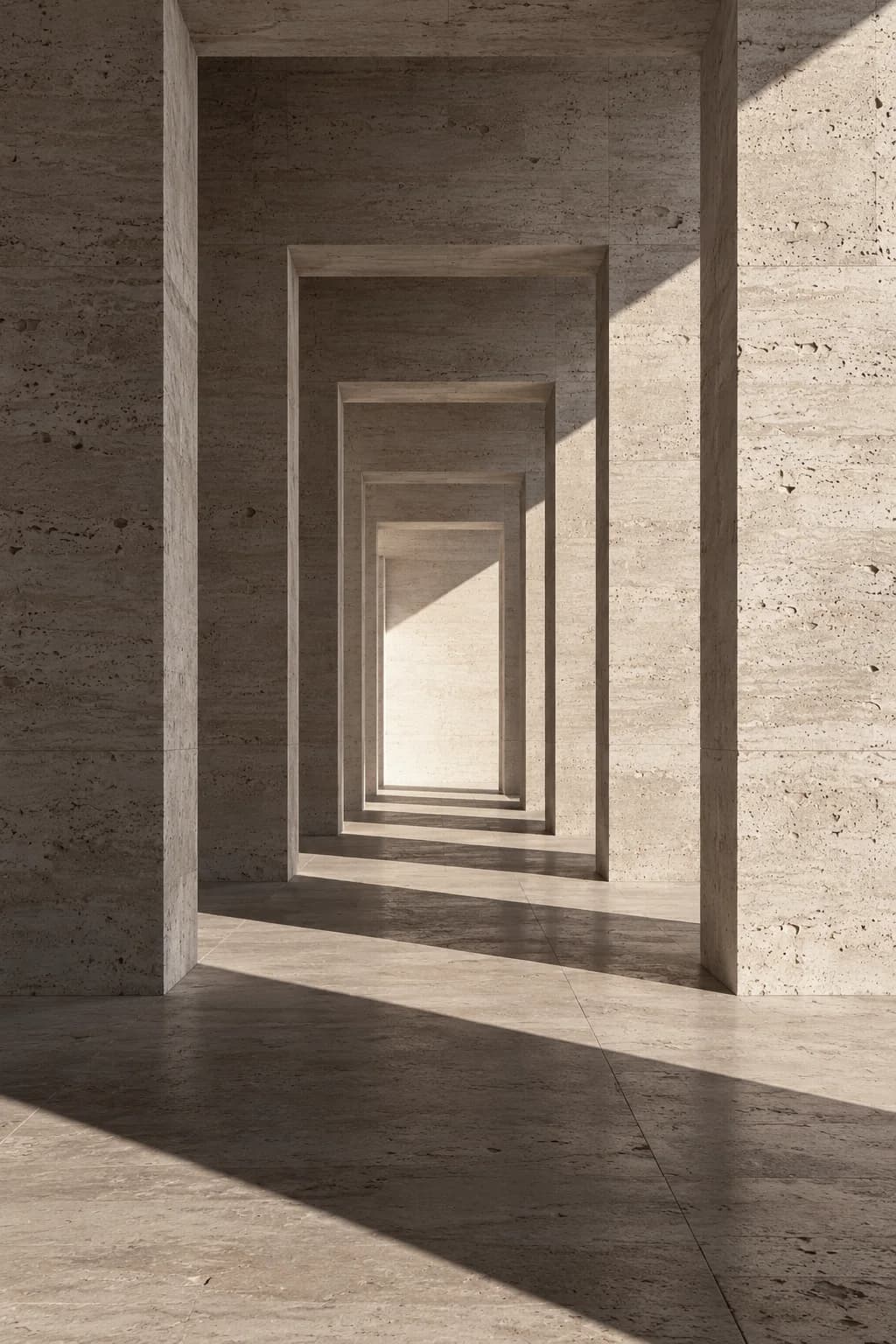 A passage of travertine portals receding toward a bright opening, crossed by long shadows.